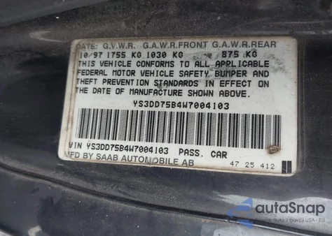 1998 Saab 900 S из США, поврежденный, VIN YS3DD75B4W7004103